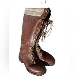 Torrid Women Combat Sweater Trim Knee High Faux Leather Boots Brown Sz 10W